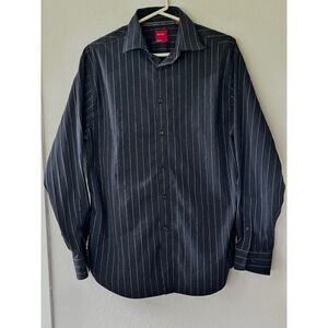 Report Collection Mens Black Pinstripe Stretch Button Down Shirt Large LS